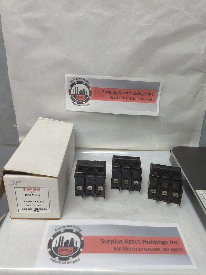 Used SIEMENS,BQ3B015,CIRCUIT BREAKER 3-POLE 15 AMP LOT OF 3 PRE-OWNED