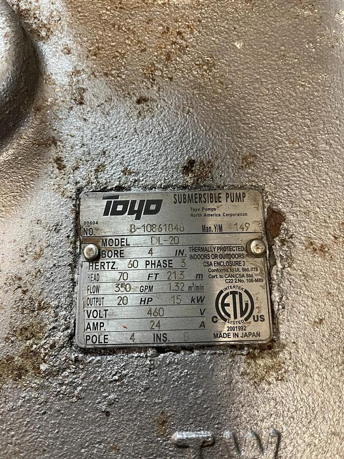 Used TOYO,DL-20,SUBMERSIBLE PUMP DISCHARGE 4" 20HP 350GPM 460V