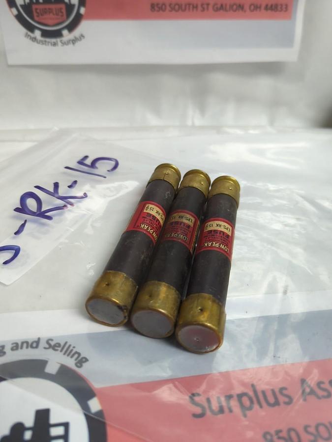 Used COOPER BUSSMANN,LPS-RK-15,LOW-PEAK 15 AMP FUSE LOT OF 3 PRE-OWNED