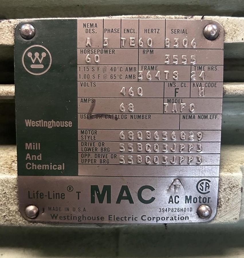 Used WESTINGHOUSE,680B656G29,MOTOR 60HP 3555RPM 460V 3PH 364TS FRAME