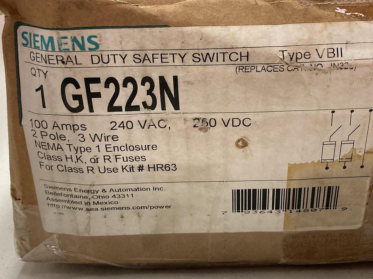 Used Siemens,GF223N,2-Pole General Duty Safety Switch 100A 240VAC