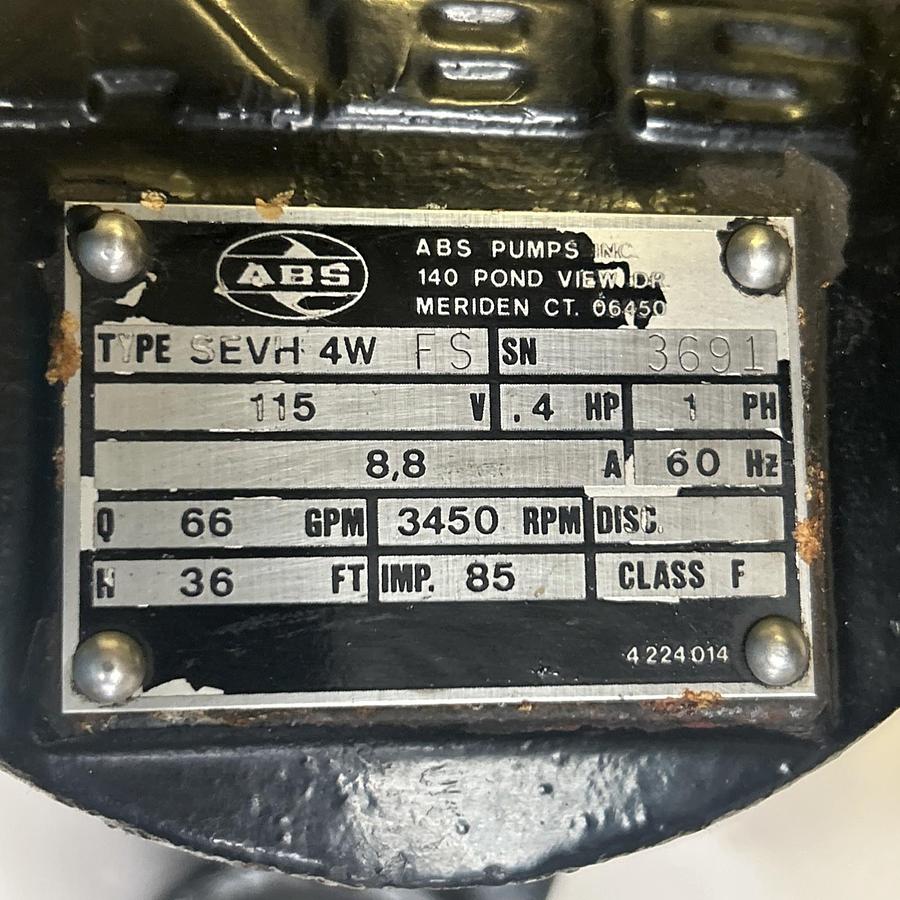 Used ABS,SEVH4WFS,SUMERSIBLE SEWAGE PUMP 0.4HP 3450RPM 115V 66GPM