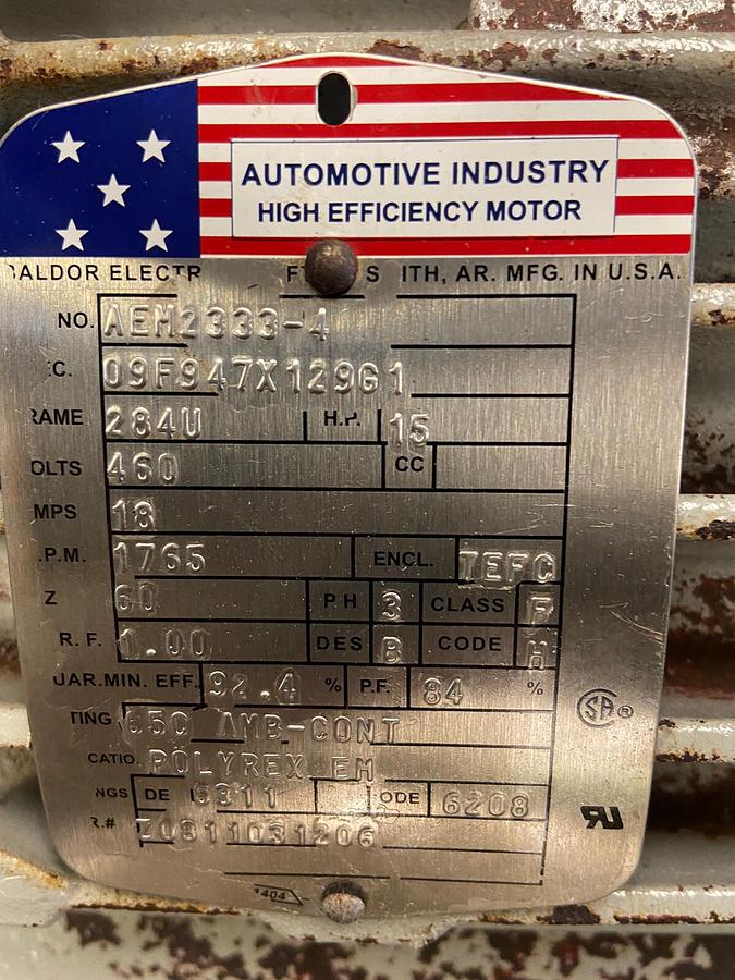 Used Baldor,AEM2333-4,Motor 15HP 1765RPM 460V Frame 284U Refurbished