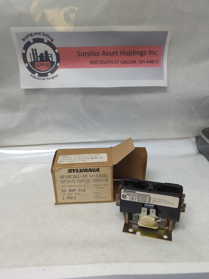 SYLVANIA,DP1AC301-12,DEFINITE PURPOSE CONTACTOR 30 AMP 1-POLE NOS