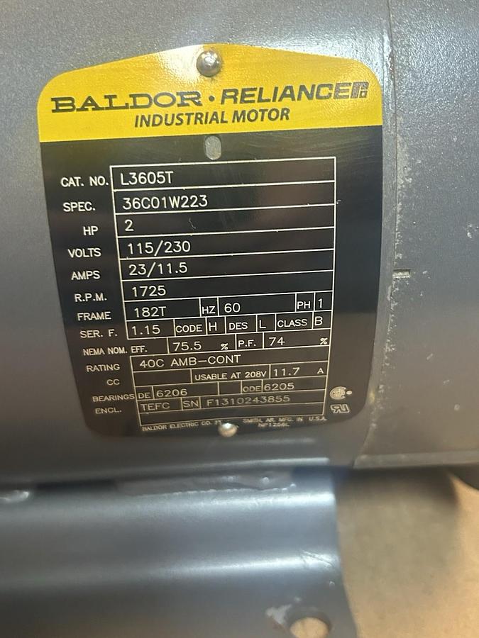 Used BALDOR,L3605T,MOTOR 2HP 115/230V 1725RPM 1PH 182T FRAME