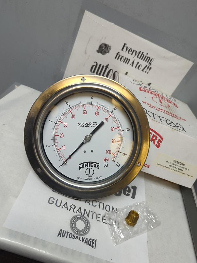 WINTERS,P3S6083B,6 IN PRESSURE GAUGE 0-15 PSI/KPA 1/4 IN NPT NOS