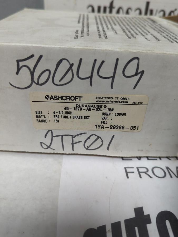 ASHCROFT,45-1279-A8-02L-15#,4-1/2 IN DURAGAUGE BRZ TUBE/BRASS SKT NOS