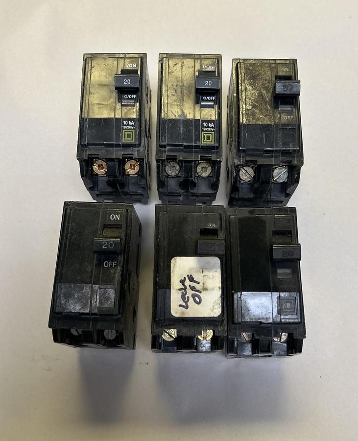 Used SQUARE D,QO220,CIRCUIT BREAKER 20A 120/240V 2P LOT OF 6