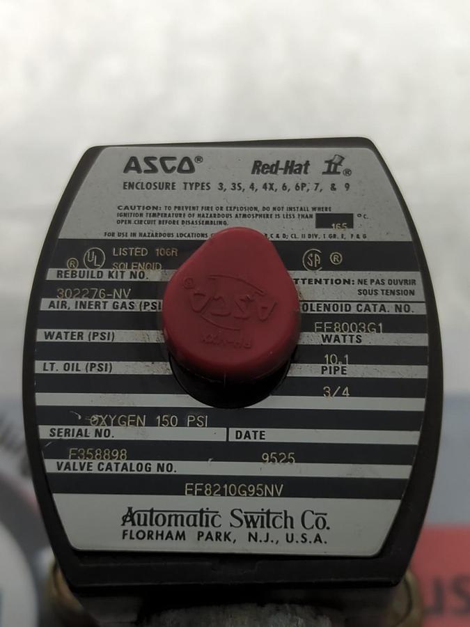 ASCO,EF8210G95NV,SOLENOID VALVE 3/4 INCH PIPE 10.1 WATTS NOS