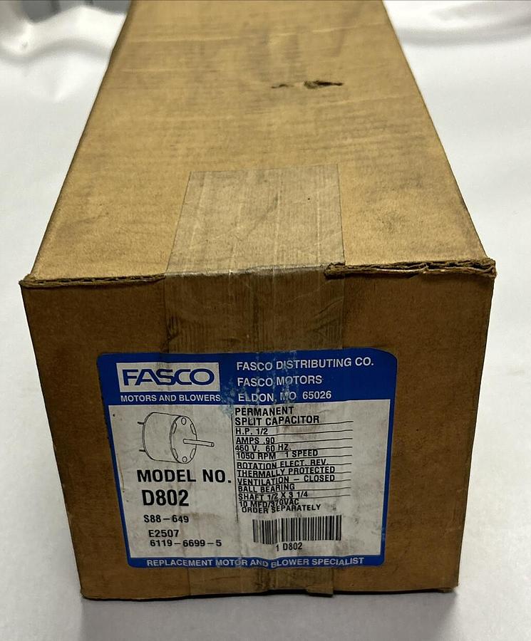 Used FASCO,D802,MOTOR .90AMP 460V 60HZ 1/2HP 1050RPM NEW
