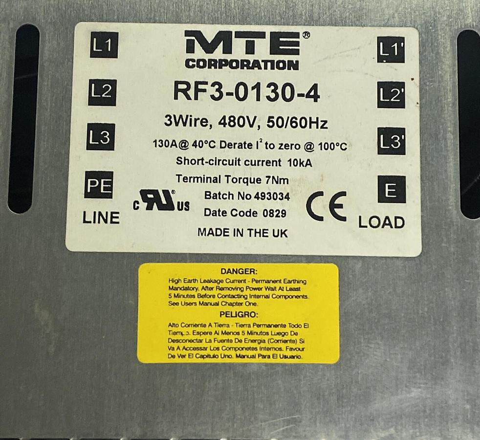 Used MTE,RF3-0130-4 EMI-RFI,FILTER 130AMP 480VAC 3PH