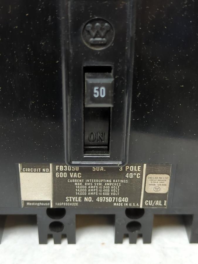 WESTINGHOUSE,FB3050,AB DE-ION CIRCUIT BREAKER 3-POLE 50 AMP 600V AC NOS
