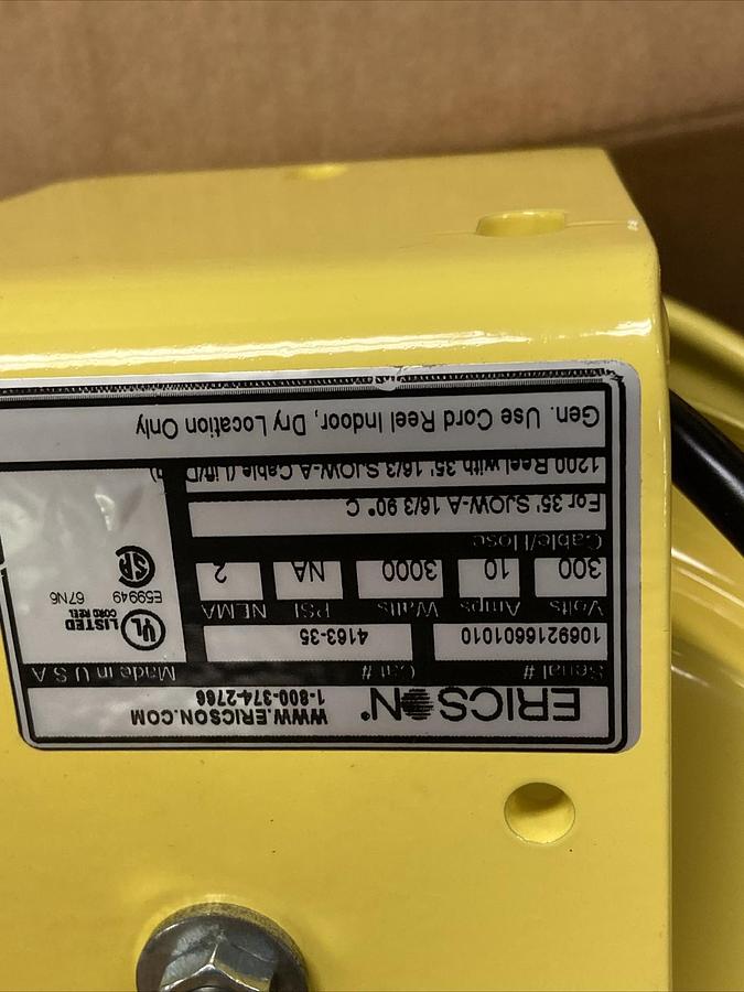 Used Ericson,4163-35,Series 4000 35 FT Power Cable Reel 300V 16/3 AWG SJOW