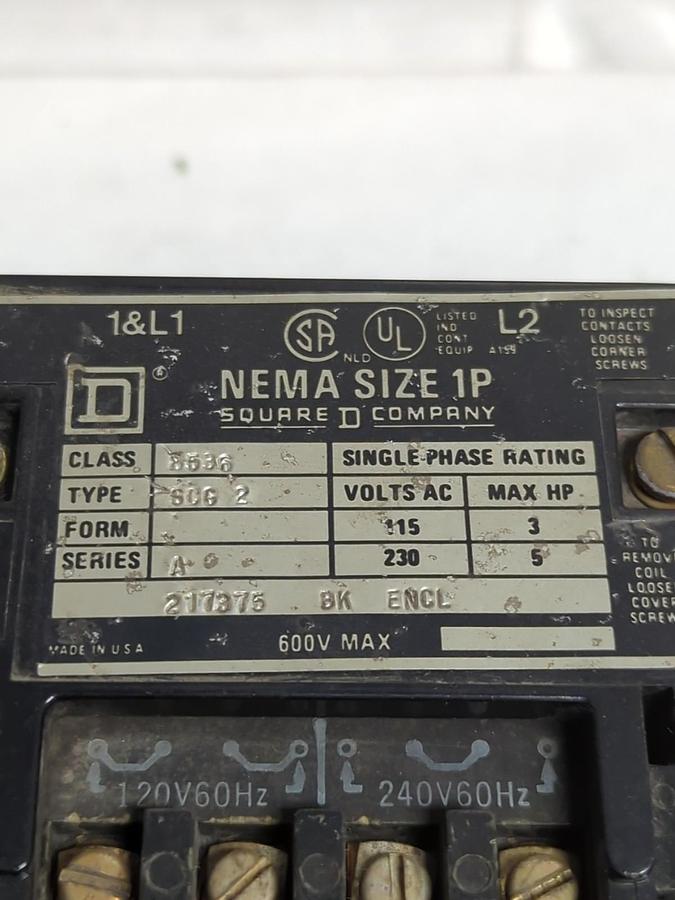 Used SQUARE D,8536-SCG2,CONTACTOR SERIES A SIZE 1P PRE-OWNED