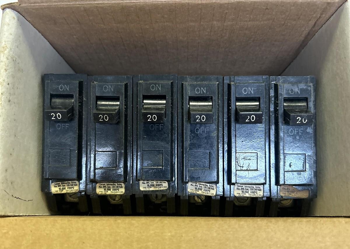 Used GENERAL ELECTRIC,THQB1120,CIRCUIT BREAKER 20A 120/240V 1P LOT OF 6