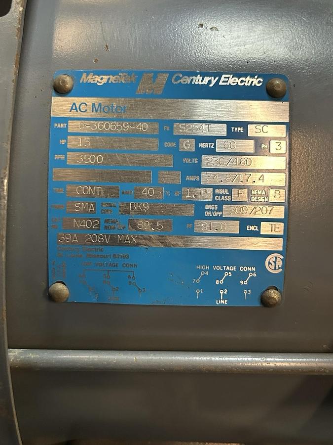 Used MAGNETEK,6-360659-40,AC MOTOR 15HP 230/460V 3500RPM 3PH S254T FRAME