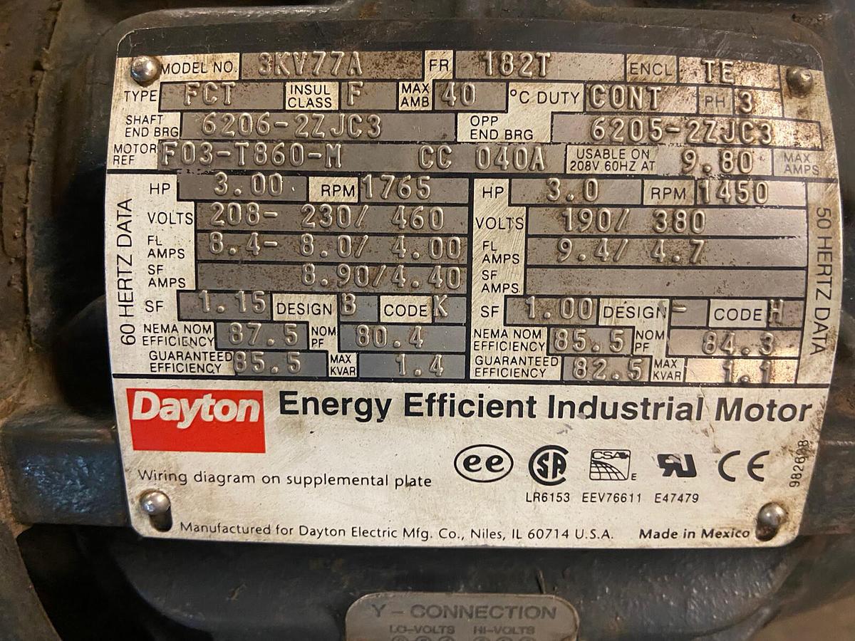 Dayton,3K77A,Motor 3Hp 1765RPM 208-230/460V Frame 182T