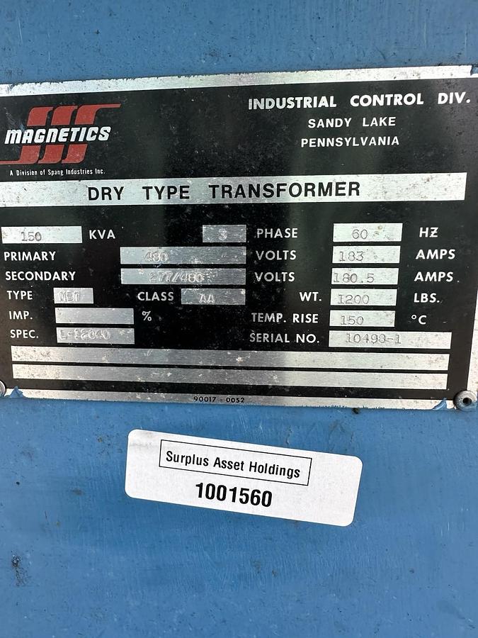 Used Magnetics,150 KVA 3 Phase Dry Type Transformer HV 480V LV 277/480V