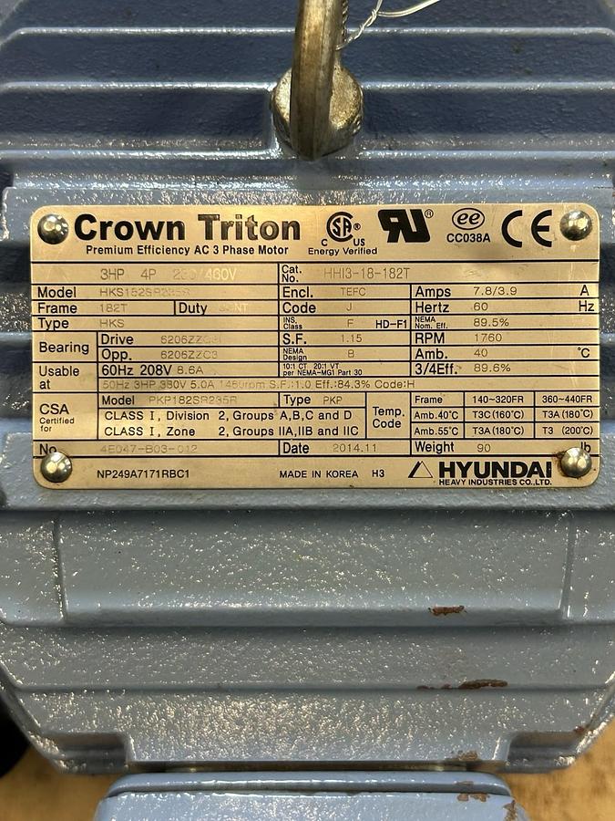 CROWN TRITON,HKS182S8235R,MOTOR 3HP 230/460V 1760RPM 3PH 182T FRAME