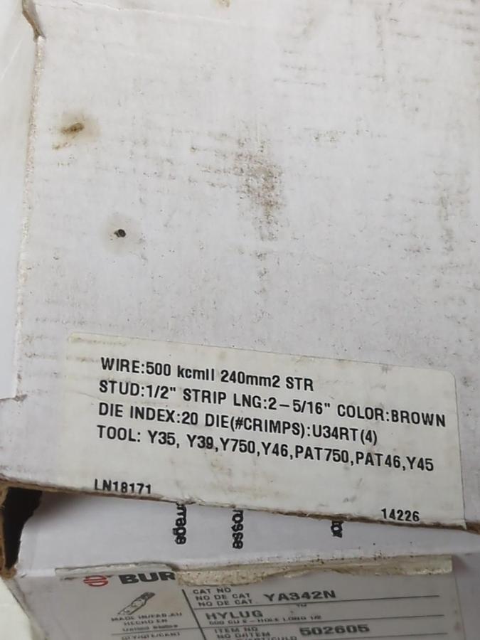 BURNDY,YA342N,HYLUG BROWN COMPRESSION LUG 500 CU 2-HOLE LONG 1/2 BOX OF 6 NOS
