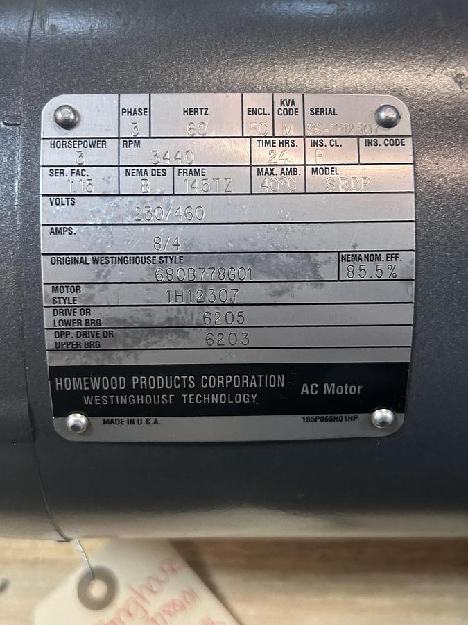 Used WESTINGHOUSE,SBDP,AC MOTOR 3HP 230/460V 3440RPM 3PH 145TZ