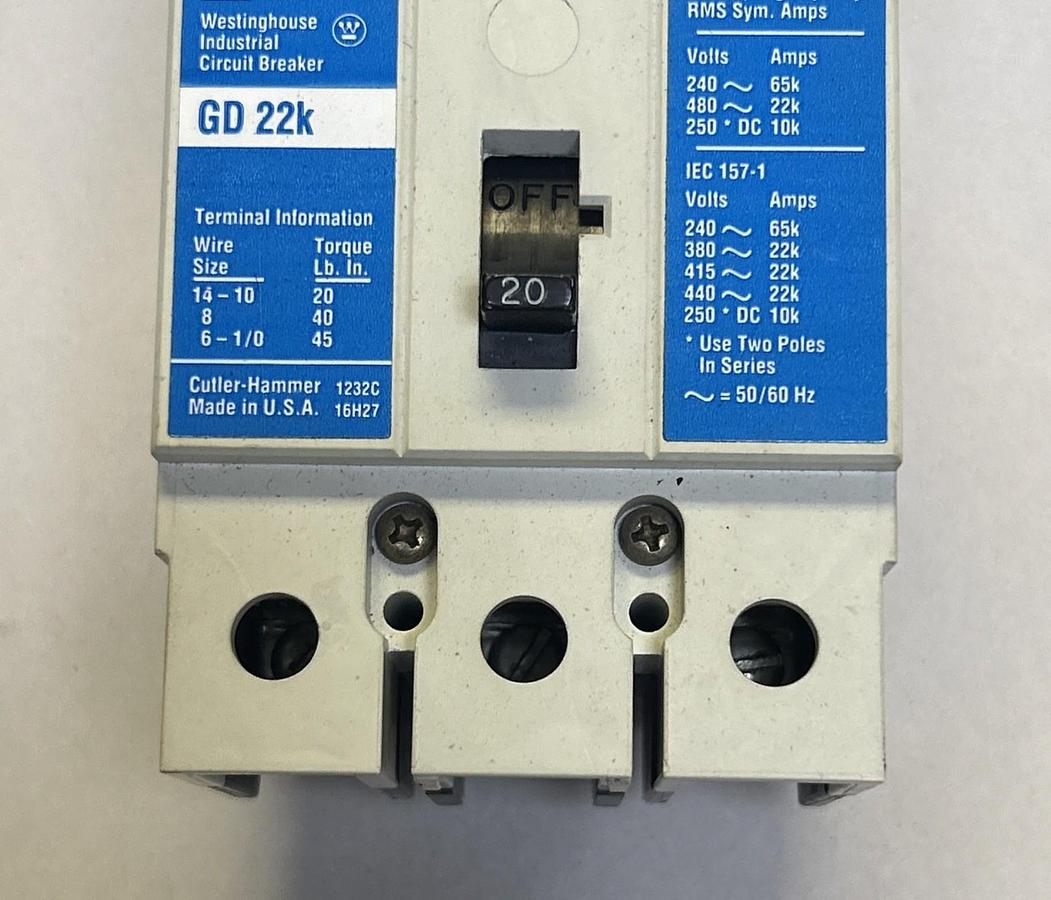 Used CUTLER-HAMMER,GD22K20,CIRCUIT BREAKER 20A 480V 3P