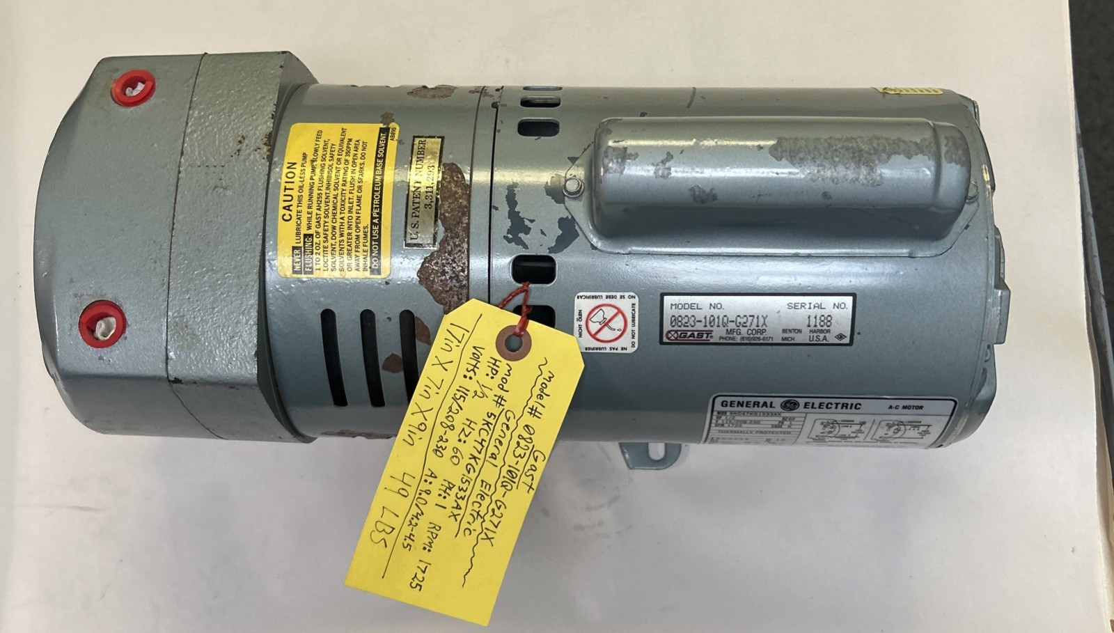 Used GAST,0823-10Q1-G271X,VACCUM PUMP COMPRESSOR / 5KC47KG1533AX 1/2HP 115/208-230V