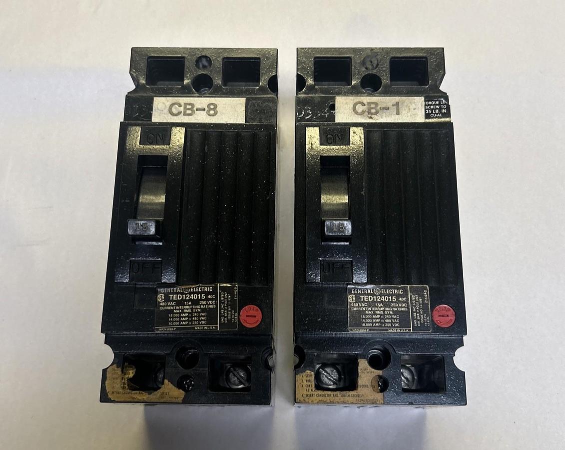 Used GENERAL ELECTRIC,TED124015,CIRCUIT BREAKER 15A 480V 2P LOT OF 2
