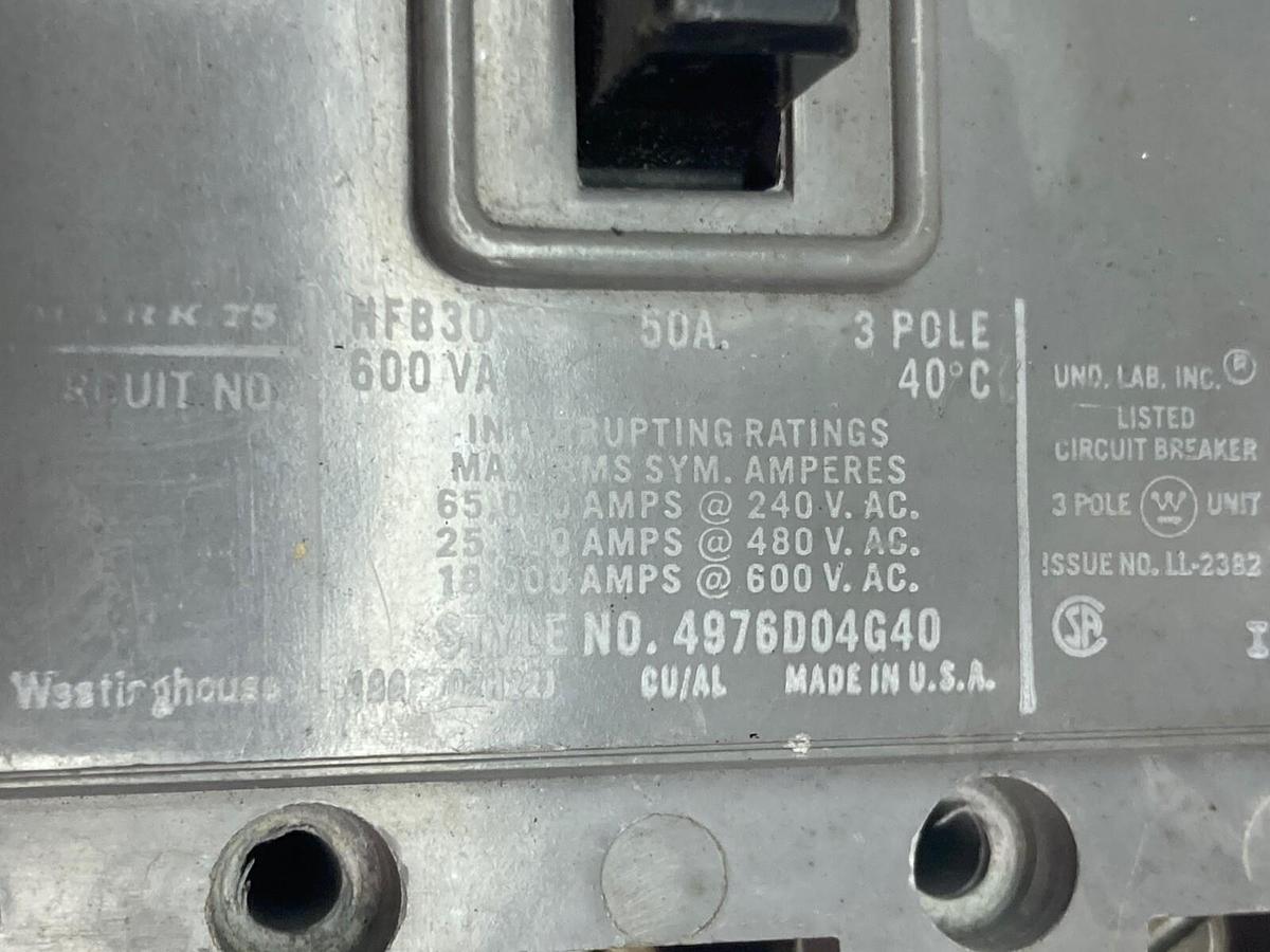 Used Westinghouse,HFB3050,3-Pole Circuit Breaker 50A 600Vac