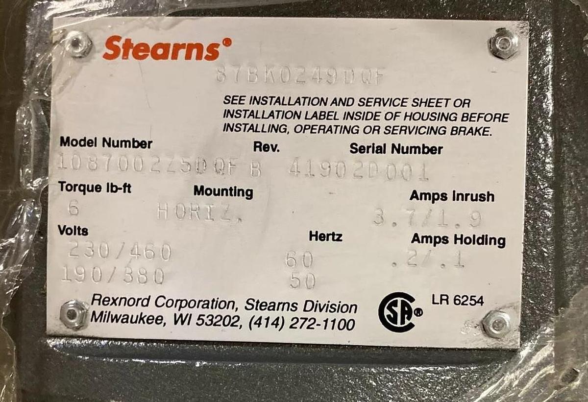 Used Baldor,108700275DQ5,2HP 1140RPM Frame 184TC 208-230/460V Stearns Brake Motor