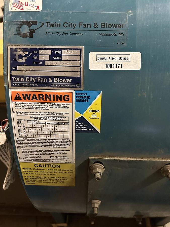 Used Twin City Fan & Blower,BC-SW,Size 270 15HP 3PH