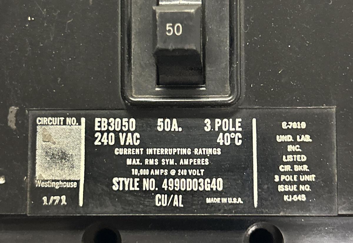Used WESTINGHOUSE,EB3050,CIRCUIT BREAKER 50A 3P 240V