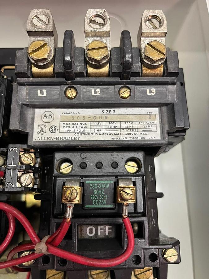 Used ALLEN BRADLEY,505-COA,SIZE 2 REVERSING STARTER 2230-240V COIL 505-CAA