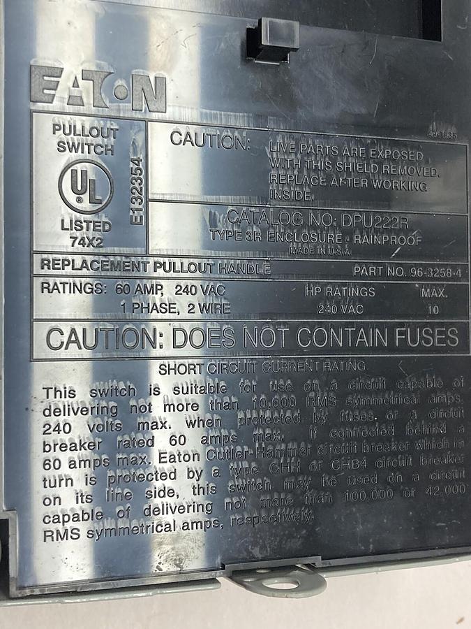 Eaton Cutler-Hammer,DPU222R,Non-Fusible Pullout Switch