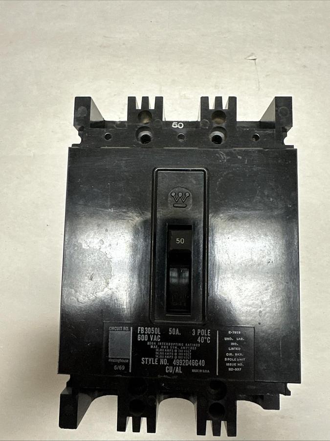 Used Westinghouse,FB3050L,50 Amp 3 Pole Circuit Breaker