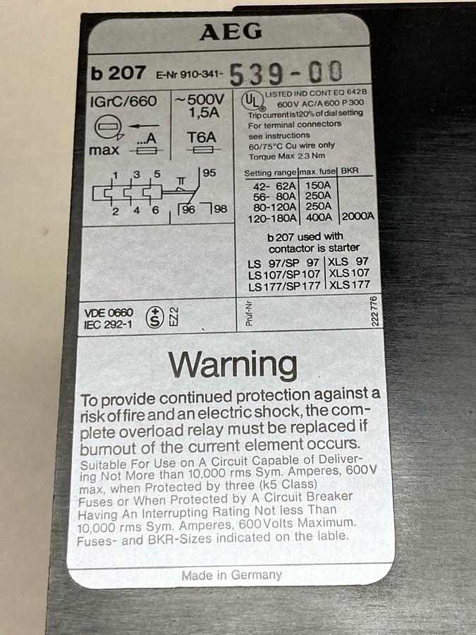 AEG Contactor,b 207 E-Nr 910-341-539-00,Contactor