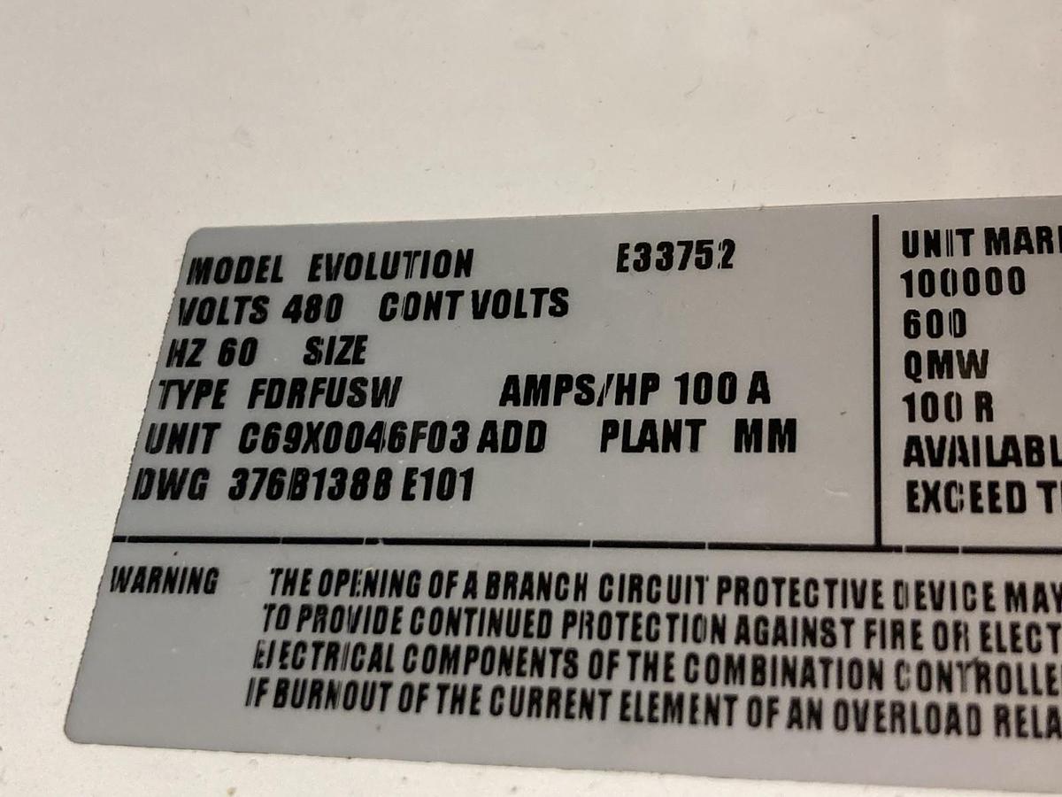 Used GE,E33752,Evolution 100A FDRFUSW FUSED Disconnect MCC Bucket 60Hz 480V