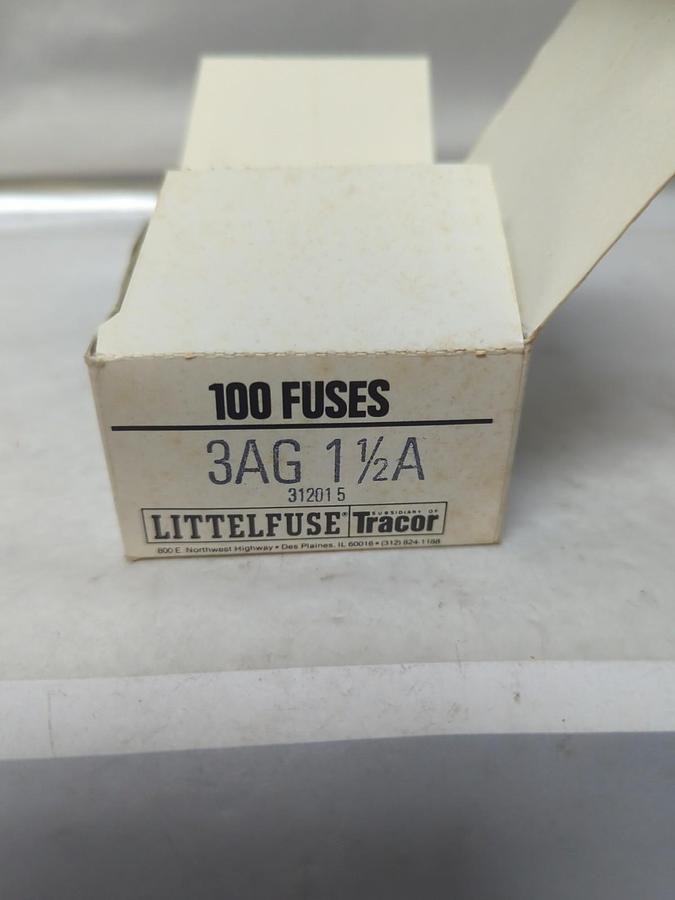 LITTELFUSE,3AG 1-1/2A,GLASS FUSES BOX OF 100 ( 20 PKS OF 5) NEW