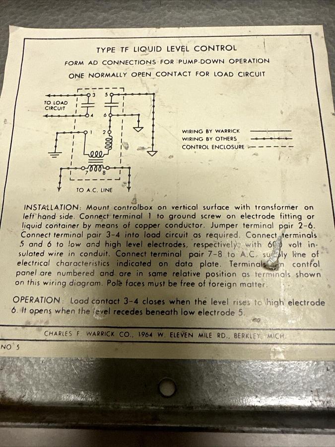 Used Charles F Warrick,Type TF,Liquid Level Control 220V 15A (G119)
