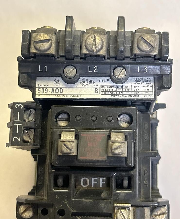 Used ALLEN BRADLEY,509-A0D,SIZE 0 STARTER 18A 600V