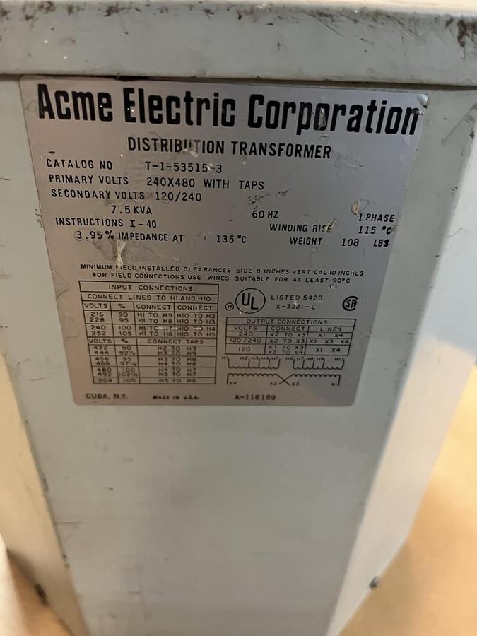 Used ACME,T-1-53515-3,DISTRIBUTION TRANSFORMER 7.5KVA HV 240x480v LV 120/240v 1PH