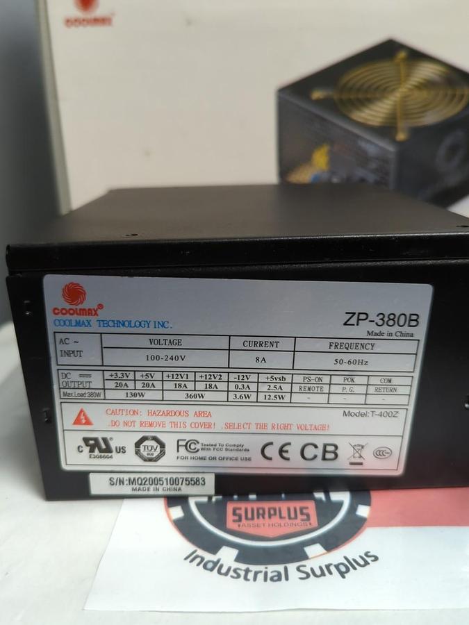 Used COOLMAX,120MM/ZP-380B,ZP-SERIES ATX POWER SUPPLY 380W PRE-OWNED
