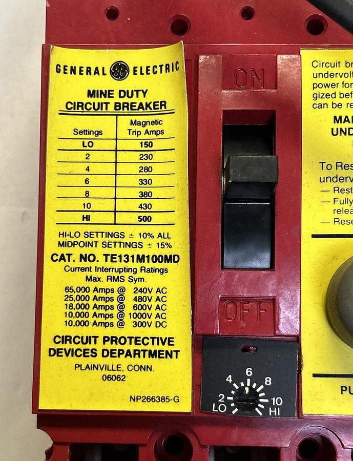 Used GENERAL ELECTRIC,TE131M100MD,CIRCUIT BREAKER 100A 600V 3P