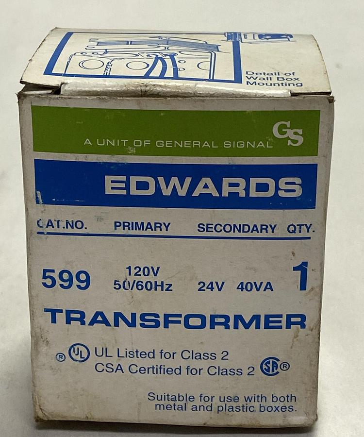 Used EDWARDS,599,SIGNALING TRANSFORMER 120V AC PRIMARY 24V 40VA SECONDARY NEW