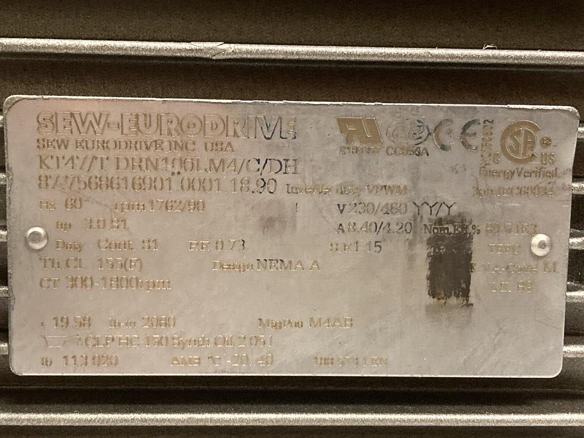 Used Sew Eurodrive,KT47/TDRE100L4,3 HP Gearmotor Ratio 10.58 1800 RPM 230/460V