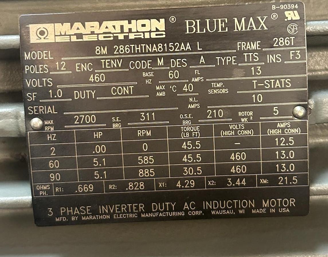 Used MARATHON,8M286THTNA8152AAL,INDUCTION MOTOR 5HP 585RPM 460V 3PH 286T FRAME