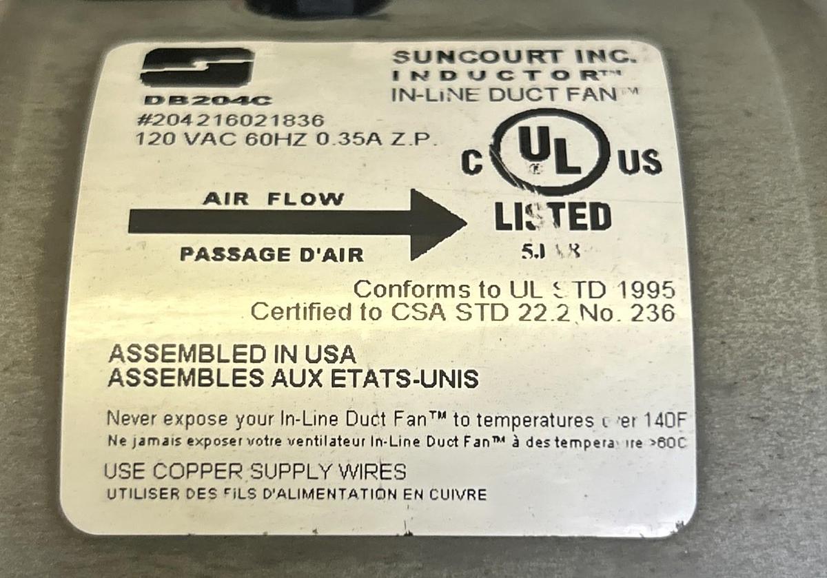 Used SUNCOURT,DB204C,IN-LINE DUCT FAN