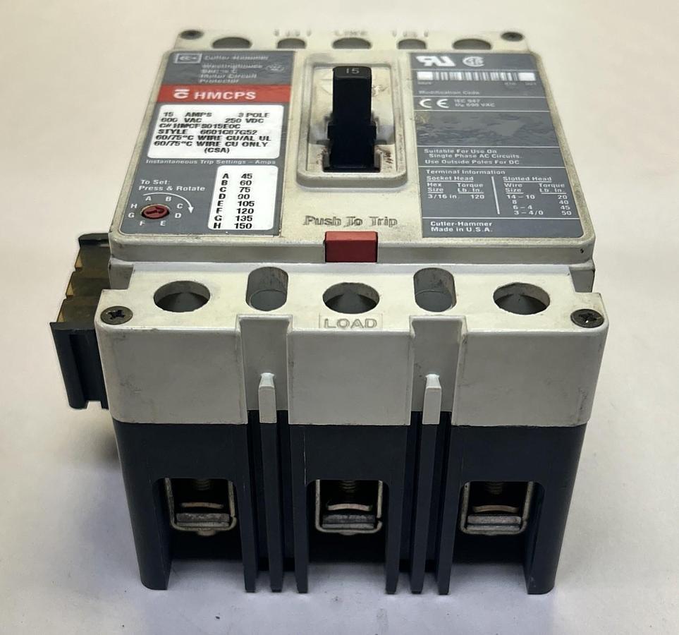 Used CUTLER-HAMMER,HMCPS015E0C,CIRCUIT BREAKER 15A 600V 3P