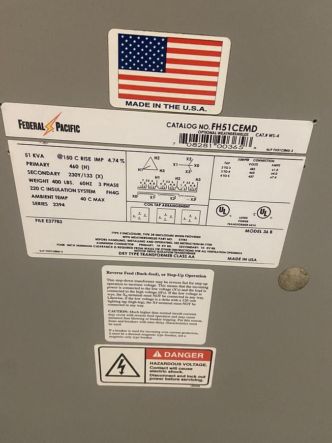 Used Federal Pacific,FH51CEMD,Transformer 51KVA Pri 460 Sec 230Y/133 3PH