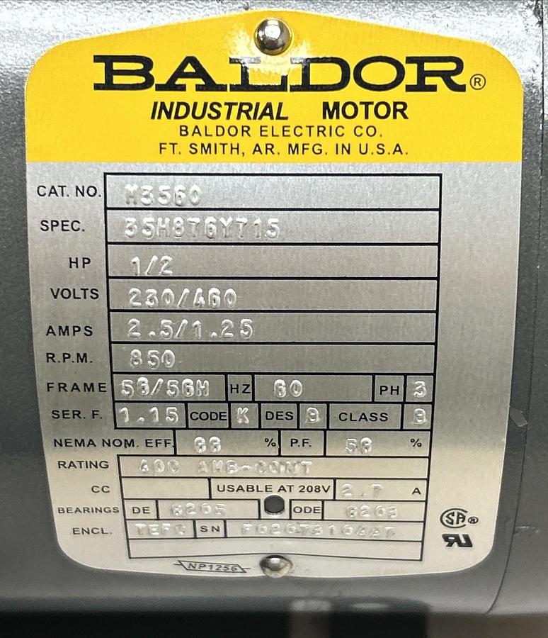 Used BALDOR,M3560,MOTOR 1/2HP 850RPM 230/460V 3PH 56/56H FRAME